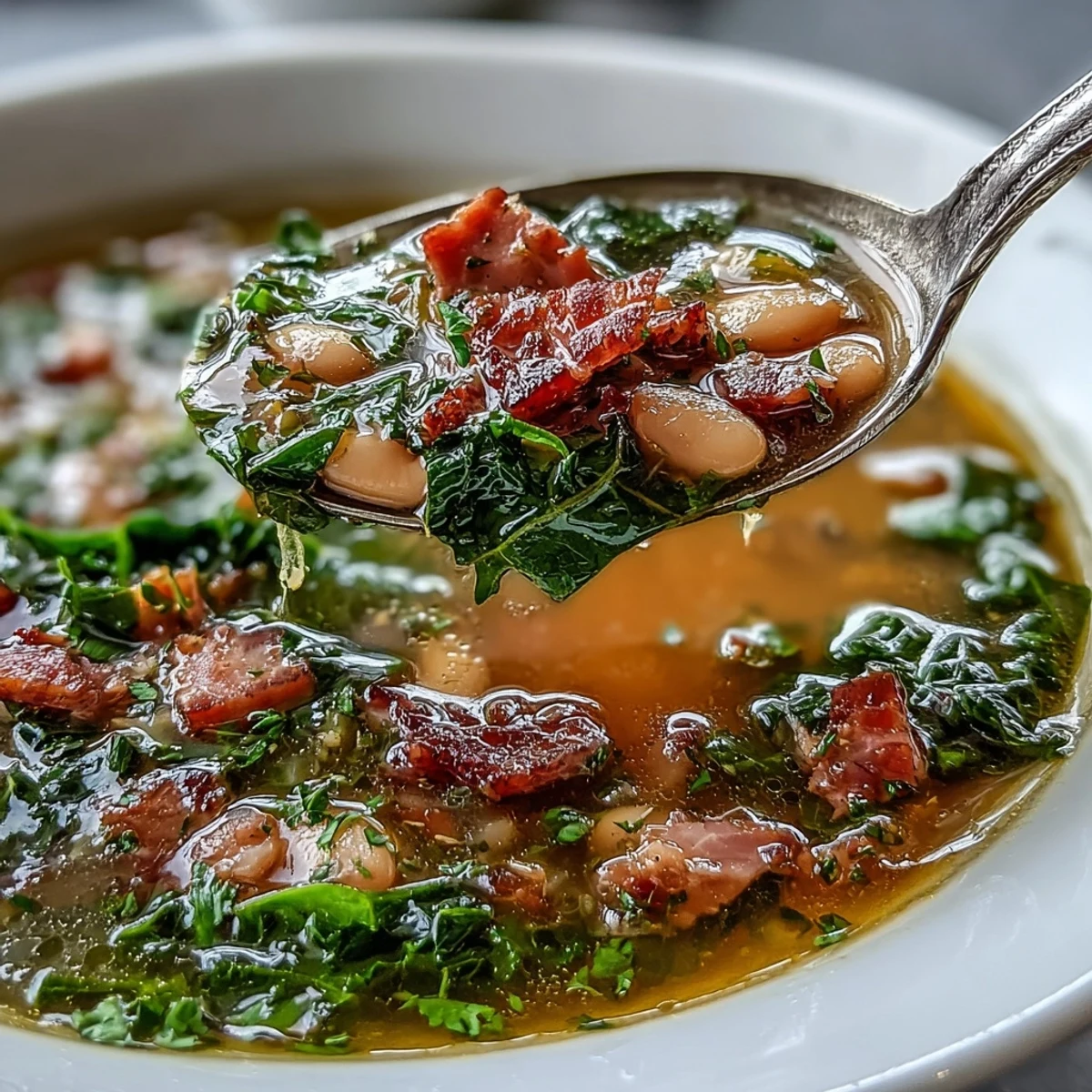 Nahaufnahme einer dampfenden Schüssel mit Schinken-Kale-Weißbohnensuppe, garniert mit frischem Grünkohl und goldgelben Karotten.