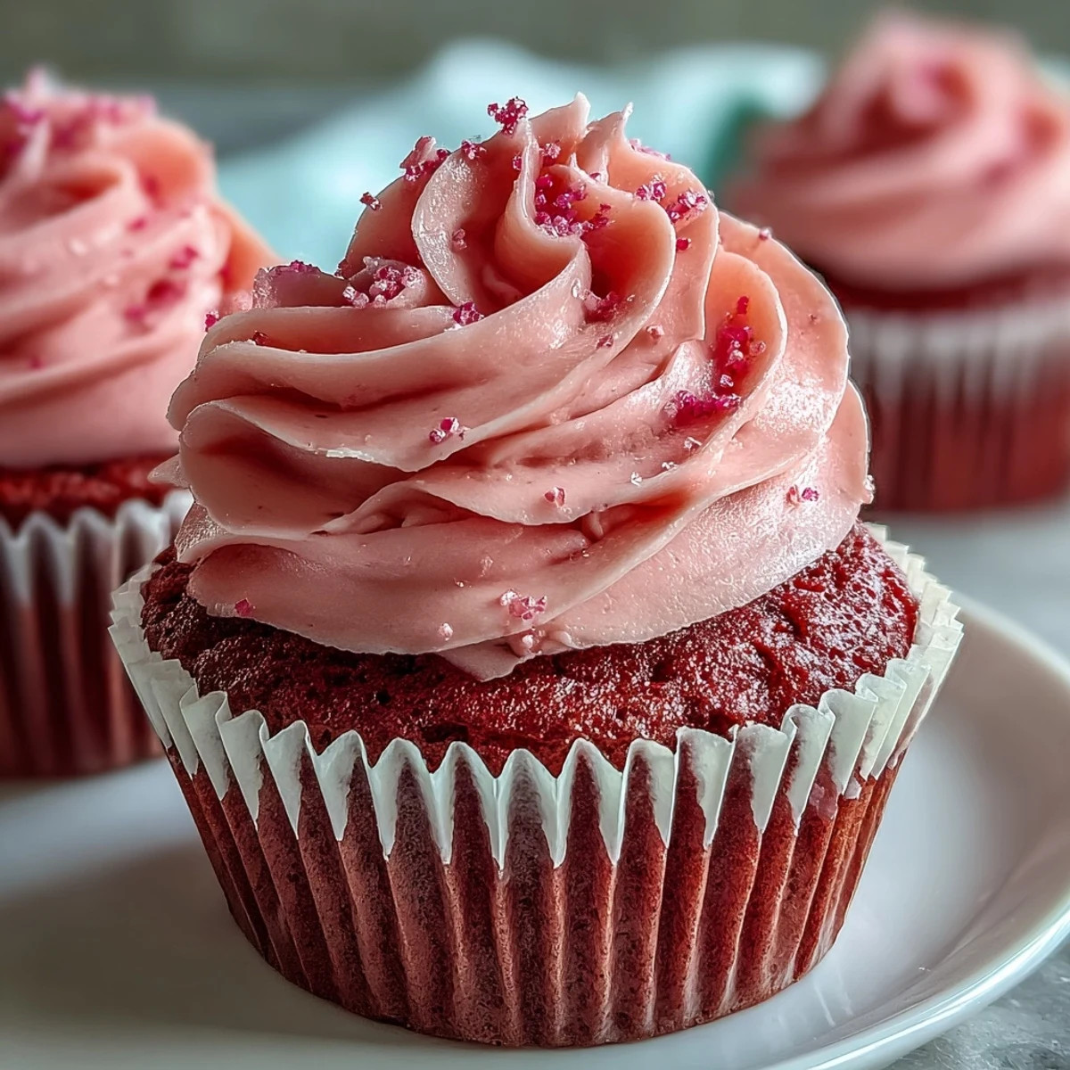 Rosa Samt-Cupcakes mit Frischkäse-Frosting: Fluffige, zarte Cupcakes mit leuchtend pinker Farbe, verziert mit cremiger Frischkäse-Glasur für einen festlichen Genuss.