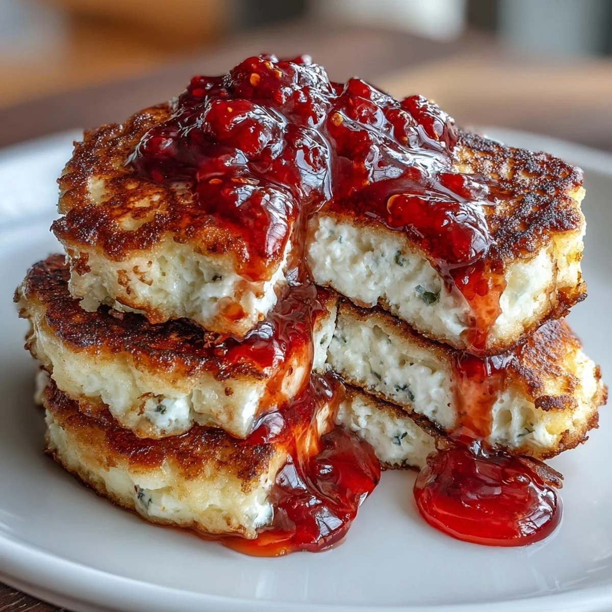 Fluffige Cottage Cheese Pancakes mit frischem Erdbeersirup, serviert mit einem Klecks griechischem Joghurt und einer Beerengarnitur.  