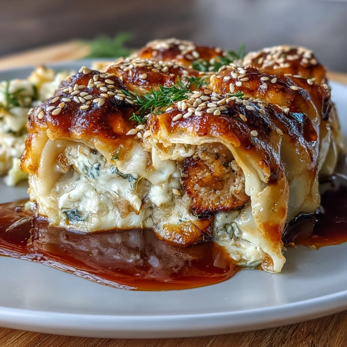 1. Dumpling Lasagna Bake mit Hackfleisch und Kohl – goldene Schichten aus zartem Schweinefleisch, knackigem Kohl und käsigem Topping.