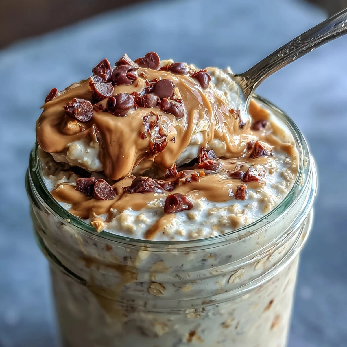 Schüssel mit cremigen Overnight Oats, durchzogen von Erdnussbutter und bestreut mit Schokoladenstückchen, bereit für ein nahrhaftes Frühstück.