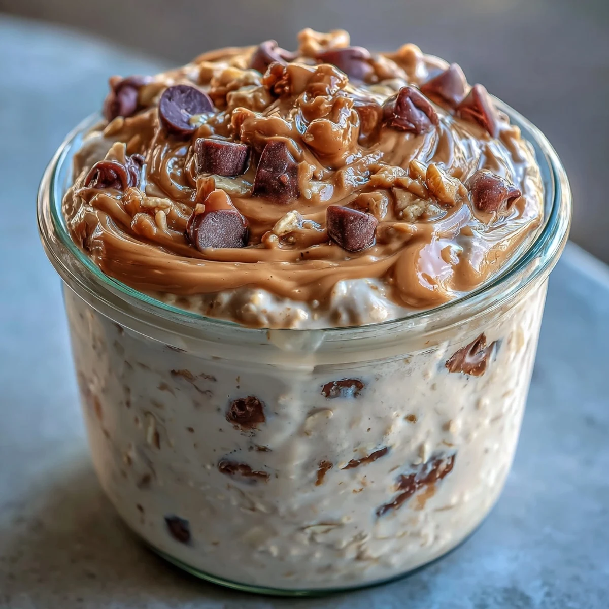 Nahaufnahme eines Glases mit Overnight Oats, geschichtet mit cremiger Erdnussbutter, Schokoladenstückchen und frischen Bananenscheiben.