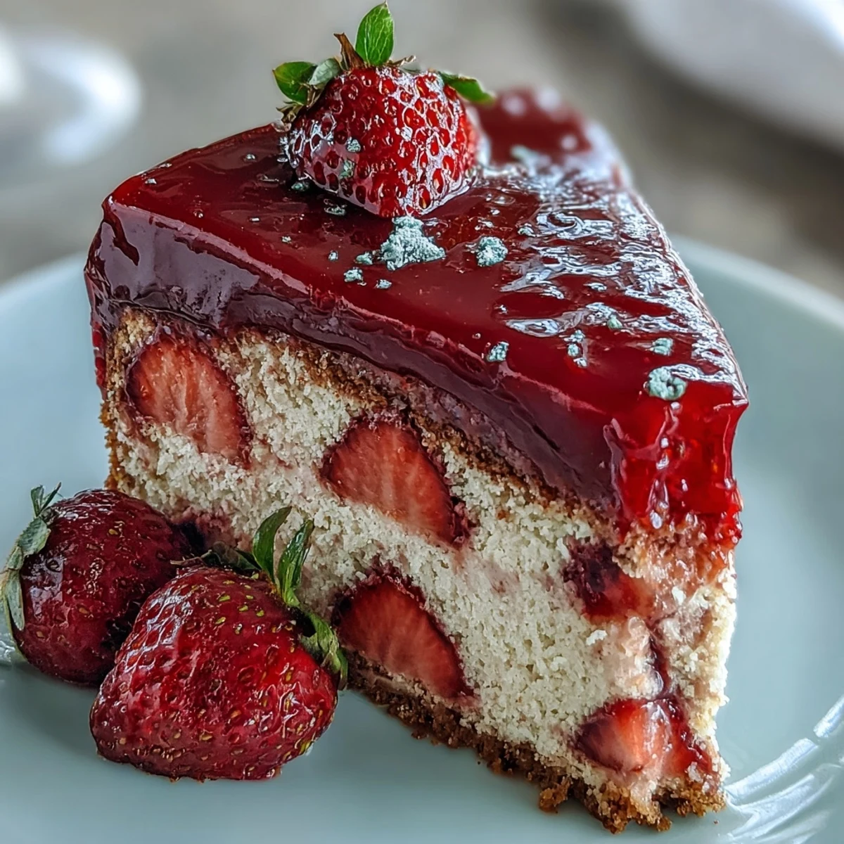 1. Valentinstag Erdbeermousse-Torte mit luftiger Biskuitbasis und glänzender Erdbeer-Glasur, perfekt für romantische Anlässe.