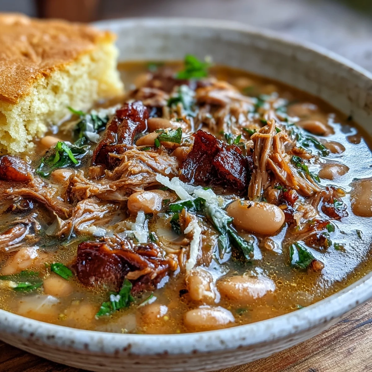 Herzhafte Schinken-Knöchel-Bohnensuppe mit goldenem Maisbrot, perfekt für einen gemütlichen Abend.