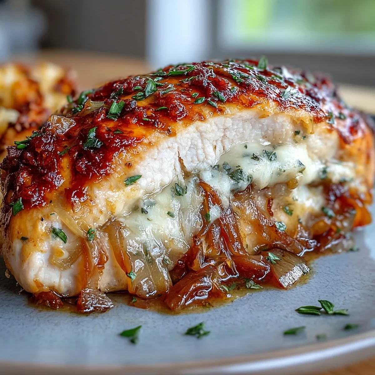 Französische Zwiebel gefüllte Hähnchenbrust mit geschmolzenem Käse und karamellisierten Zwiebeln, perfekt für ein gemütliches Abendessen.