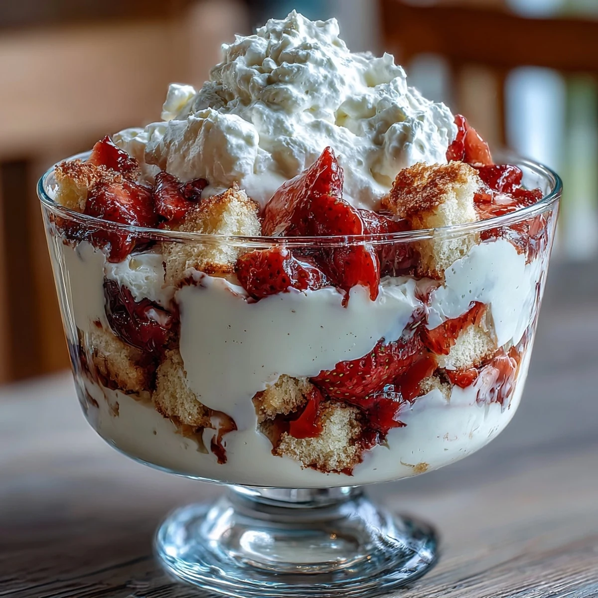 Ein wunderschön geschichteter Galentine's Strawberry Shortcake Trifle mit frischen Erdbeeren, luftiger Schlagsahne und zarten Shortcake-Stücken in einem Glas.