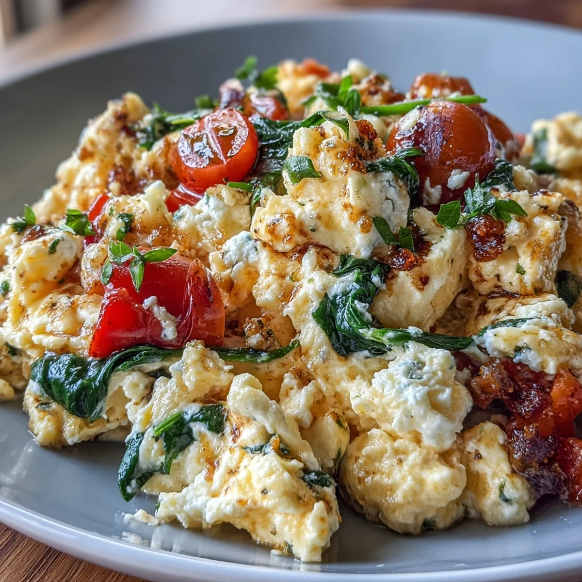 Ein proteinreicher Frühstückspfannkuchen mit fluffigen Eiern, cremigem Hüttenkäse und sautierten Gemüse.  