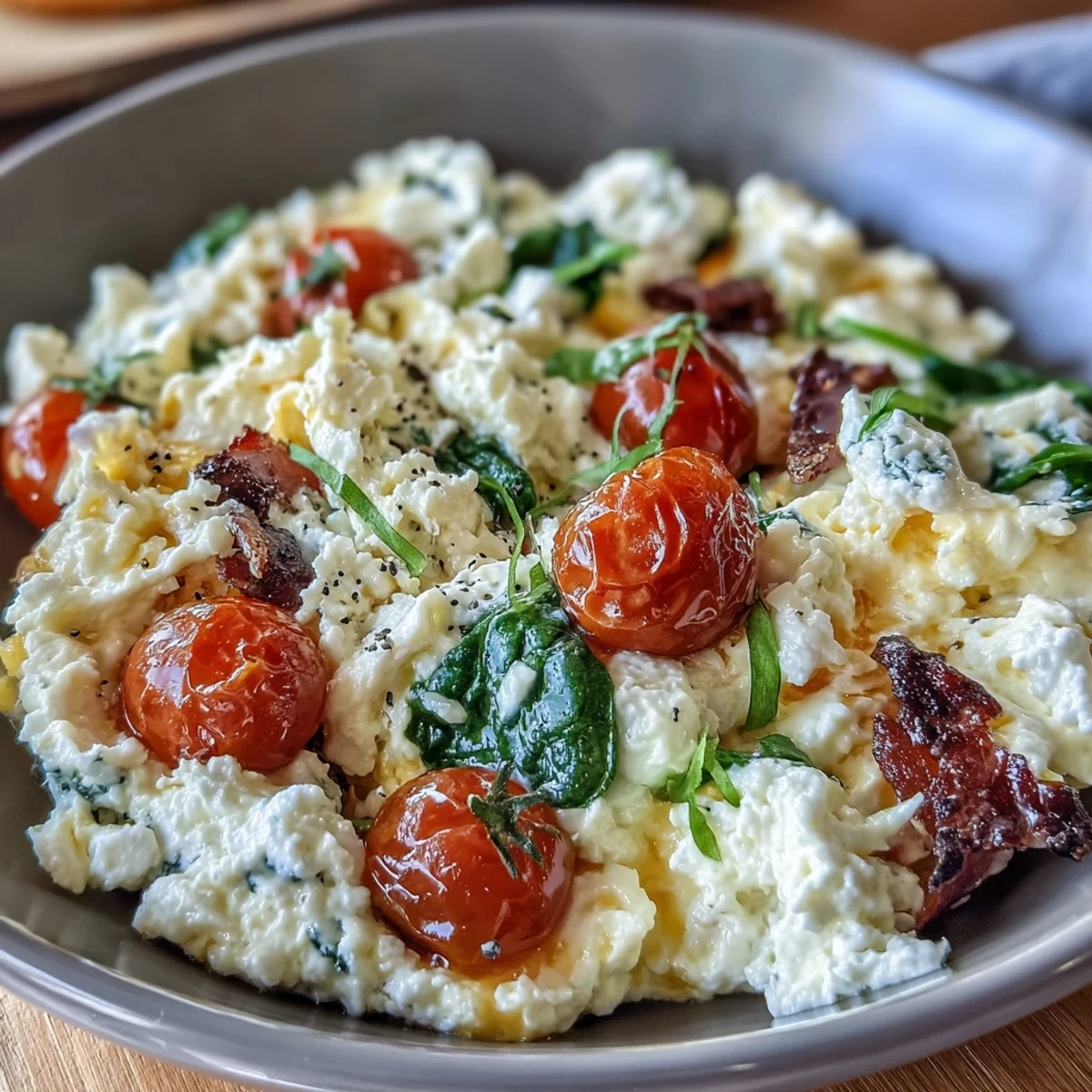 Ein cremiger Eierspeise mit Cottage Cheese und knackigem Gemüse – perfekt für ein proteinreiches Frühstück.