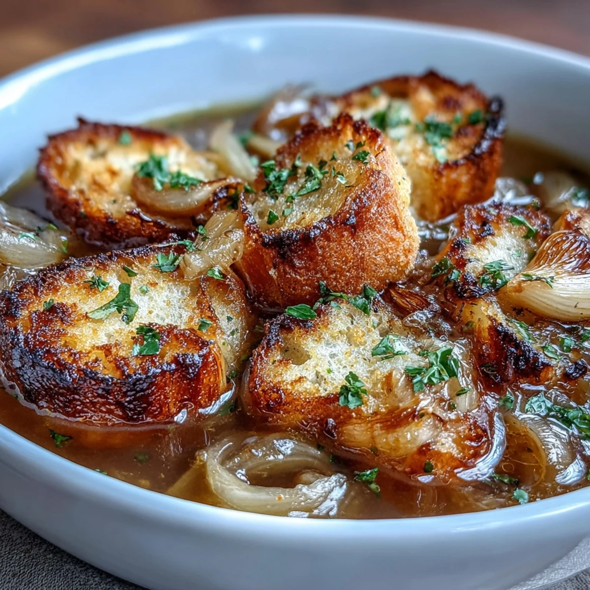 Schüssel mit goldbrauner gerösteter Knoblauch-Zwiebel-Suppe, belegt mit knusprigen Kräuter-Croûtons.
