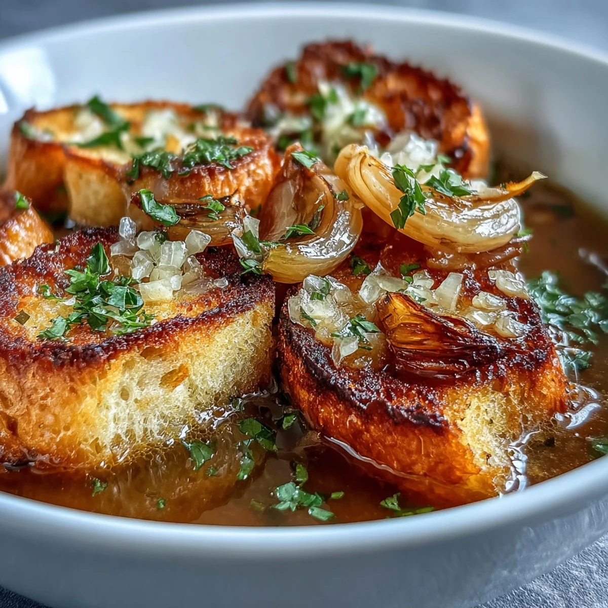 Nahaufnahme einer dampfenden Schale mit aromatischer gerösteter Knoblauch-Zwiebel-Suppe und frischen Kräuter-Croûtons.
