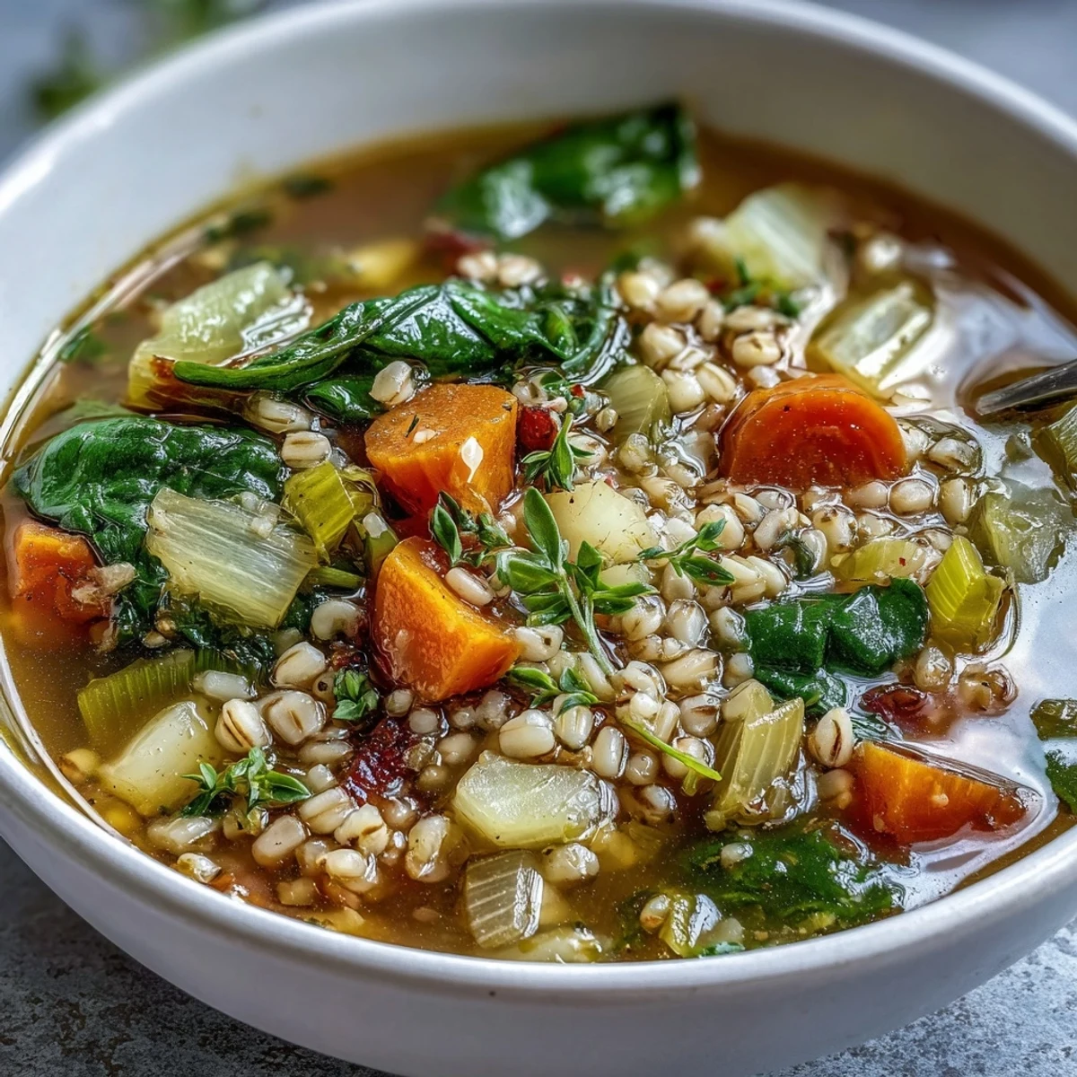 Bunter Teller mit warmer Winter- bis Frühlingsgemüsesuppe mit Gerste, garniert mit frischem Petersilie und serviert mit knusprigem Brot.