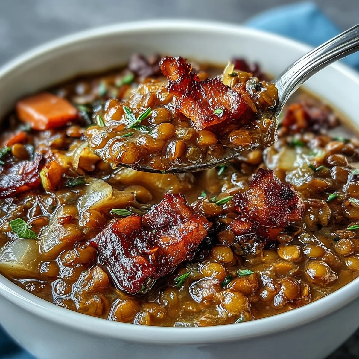 Eine herzhafte Eintopf-Suppe mit geräuchertem Schinken, zarten Linsen und süßen Zwiebeln, alles in einem Topf geköchelt.