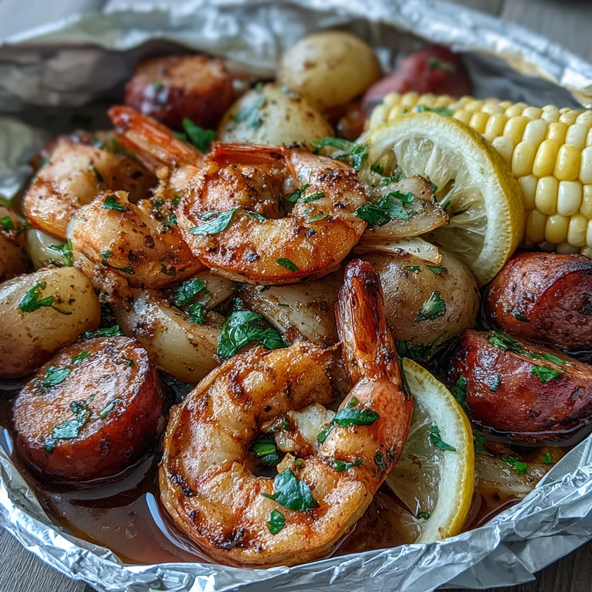 1. Köstliche Garnelen- und Wurst-Folie-Päckchen mit saftigen Zwiebeln, zarten Kartoffeln und süßem Mais, gewürzt mit Cajun-Gewürzen.  