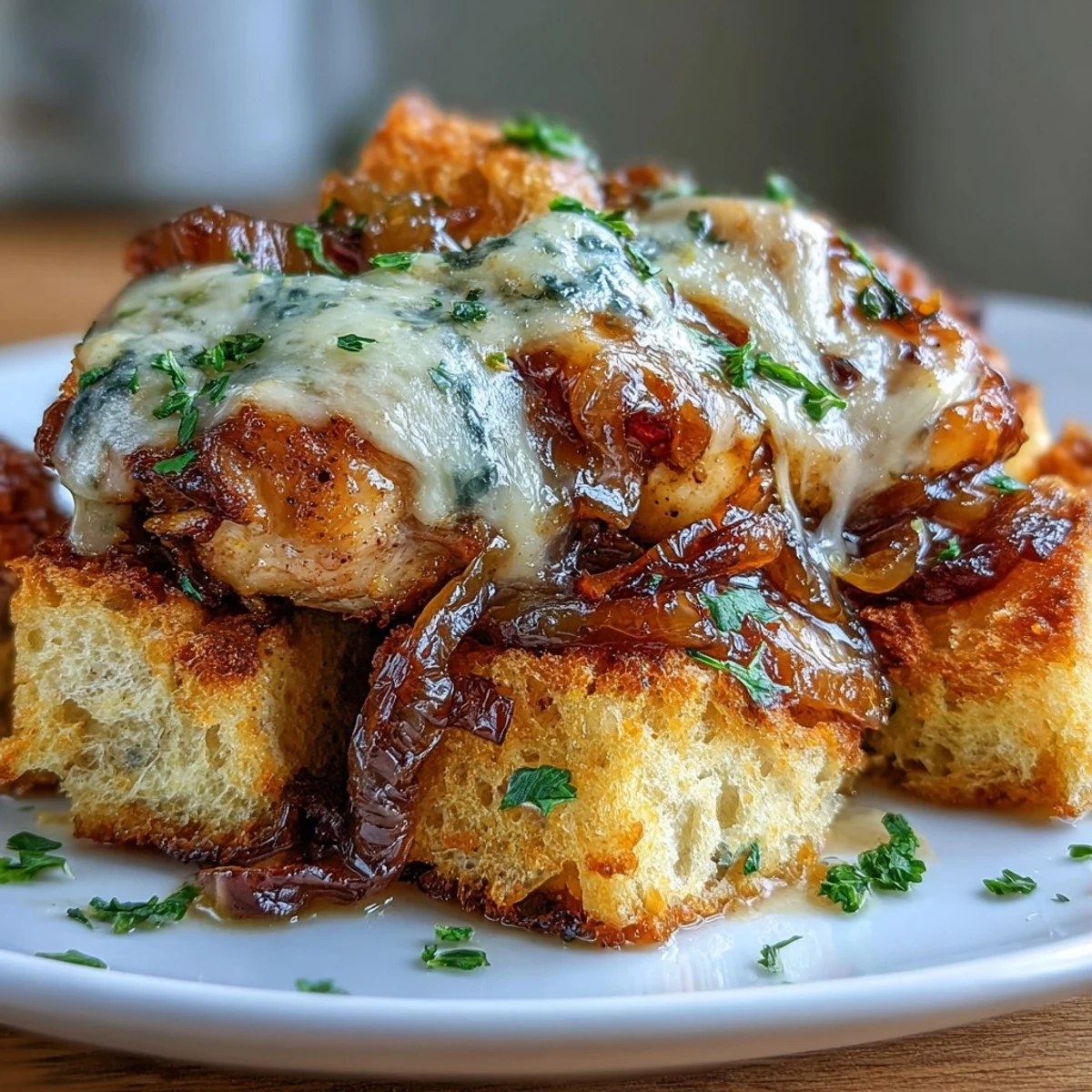Herzhaftes Französisches Zwiebelhuhn: zartes Hähnchen in reichhaltiger Zwiebelsauce, gekrönt von goldener Sauerteig-Kruste und cremigem Gruyère.