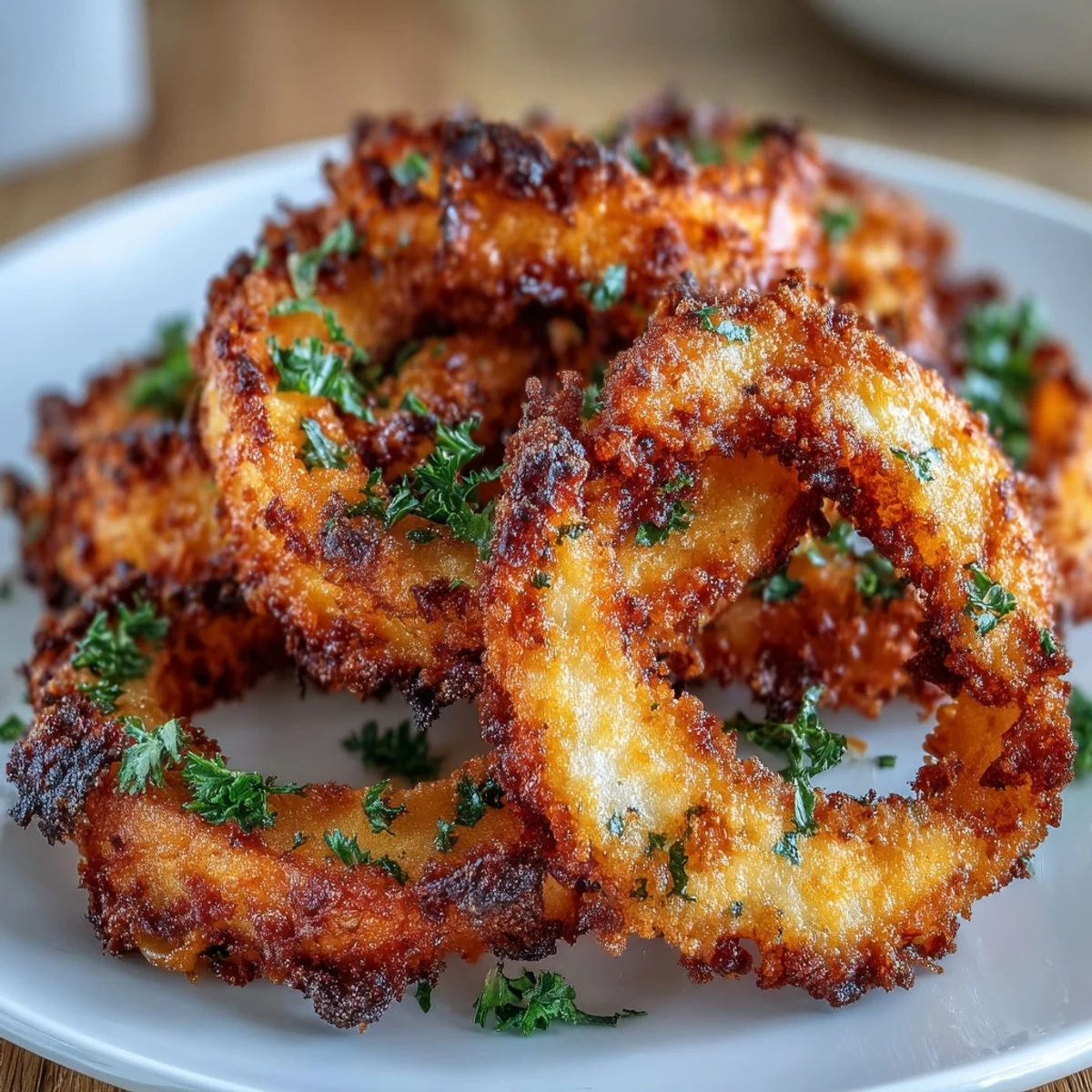 Gebackene Zwiebelringe mit goldener Kruste, serviert mit cremigem, rauchigem Paprikadip – perfekt als Vorspeise.