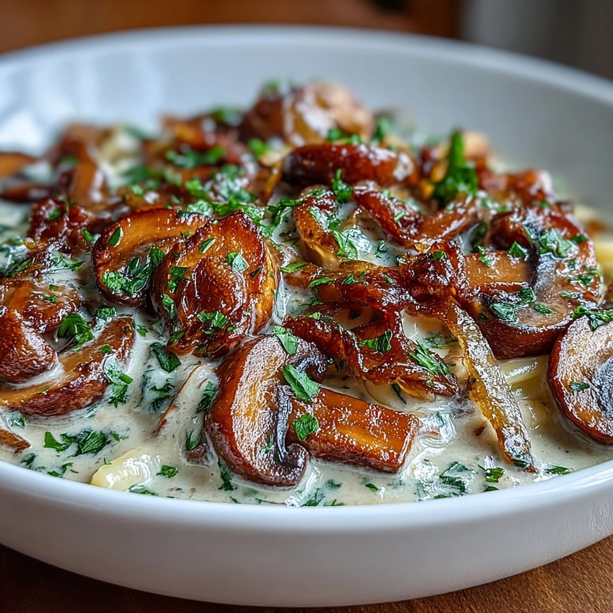 Kremige Zwiebel-Pilz-Stroganoff mit Eiernudeln in einer rustikalen Schüssel, mit frischer Petersilie garniert.