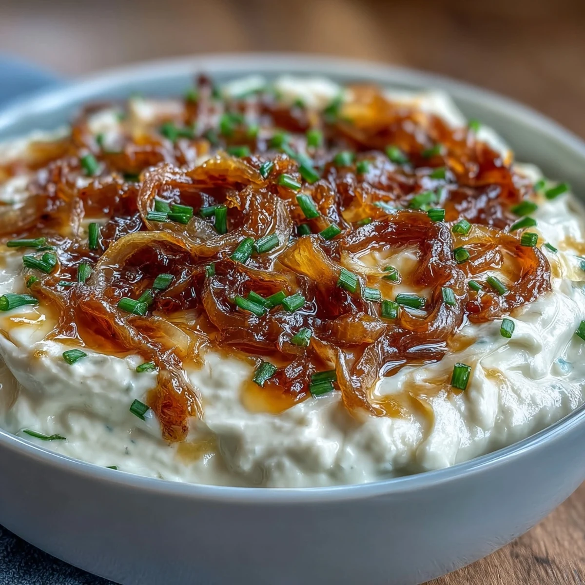 Reichhaltiger, cremiger Dip aus griechischem Joghurt mit tief karamellisierten Zwiebeln und frischen Kräutern.