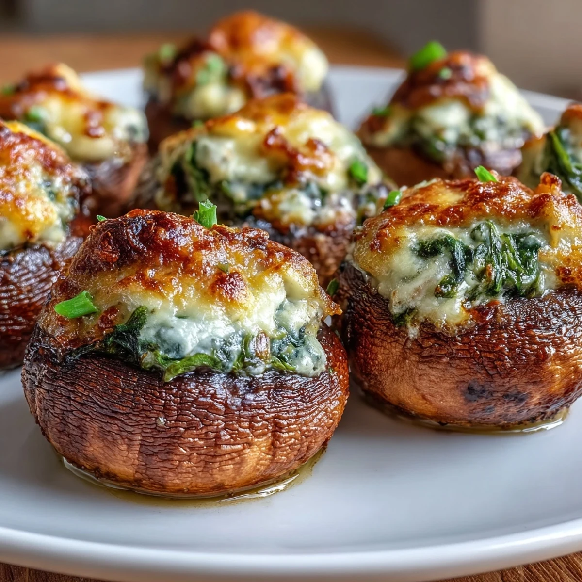 Saftige Champignons gefüllt mit einer würzigen Spinat-Creme-Frischkäse-Mischung, goldbraun im Airfryer zubereitet.