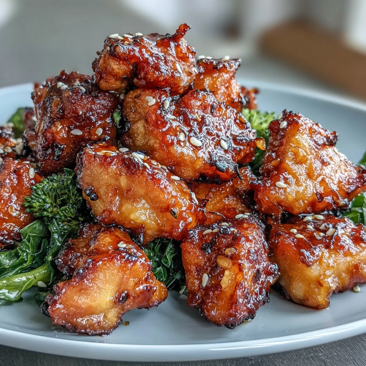 Saftige Hähnchenbissen mit süß-herzhafter Honig-Knoblauch-Glasur, serviert mit zartem, knusprigem Brokkoli aus dem Heißluftfritteusen.