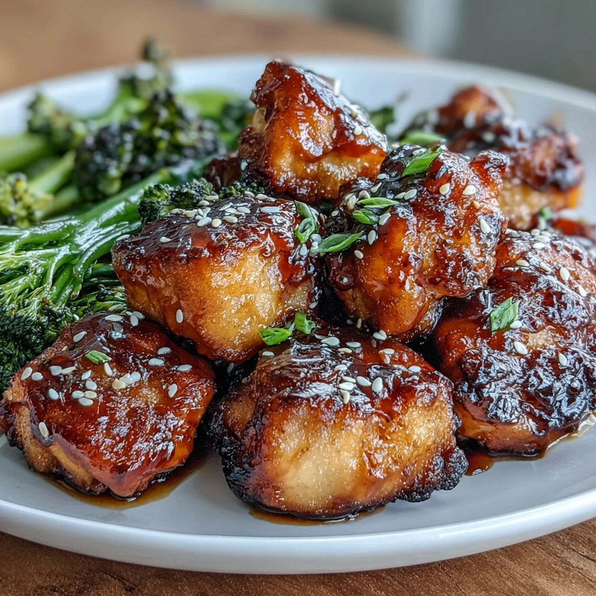 Goldbraune Hähnchenstücke in klebrigem Honig-Knoblauch-Sauce, dazu luftgebratener Brokkoli – ein schnelles, gesundes Gericht voller Aroma.