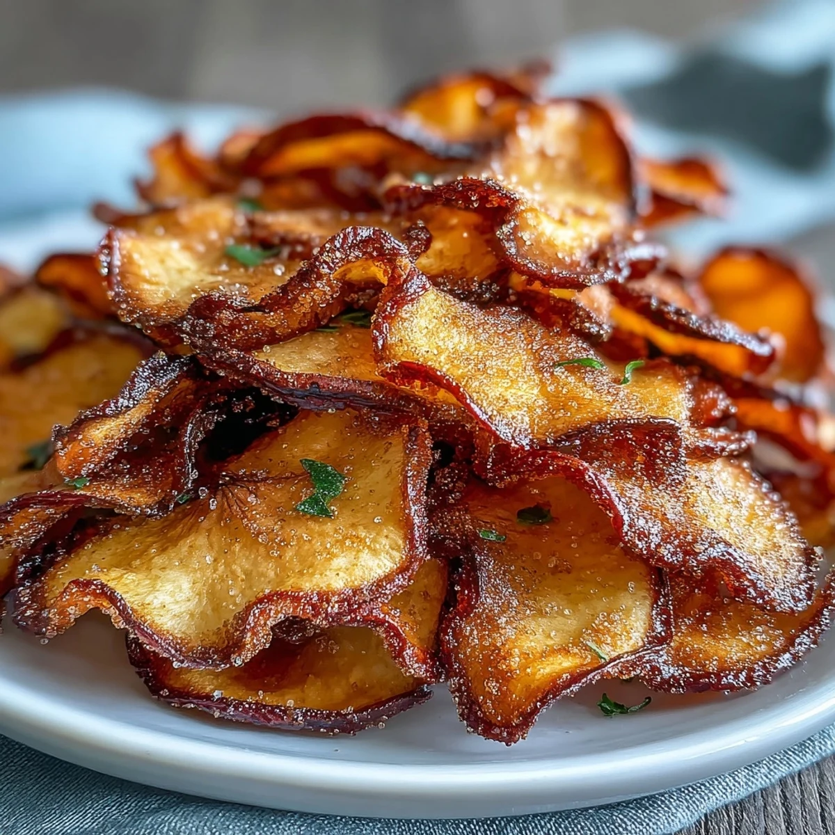 Goldbraune Apfelscheiben mit Zimt-Zucker, im Airfryer perfekt knusprig geröstet.