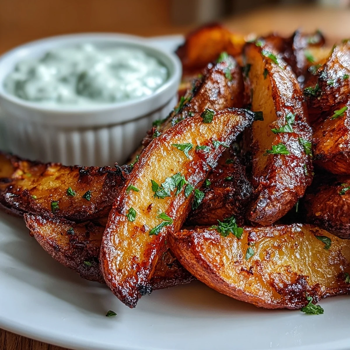 Knusprige Kartoffelspalten aus dem Airfryer mit goldenen Rändern, serviert mit cremigem Frühlingszwiebel-Dip.