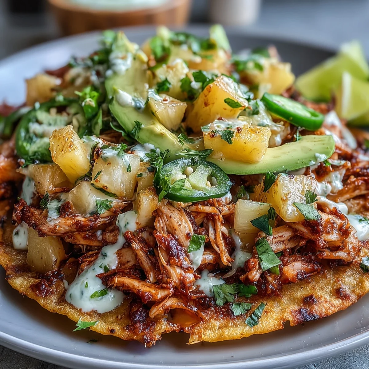 2. **Chicken Pineapple Salsa Tostadas with Lime Crema**: Gebackenes Hühnchen auf knusprigen Tostadas, belegt mit frischer Ananas-Salsa und einem Spritzer Limetten-Crema, serviert mit Avocado-Scheiben.