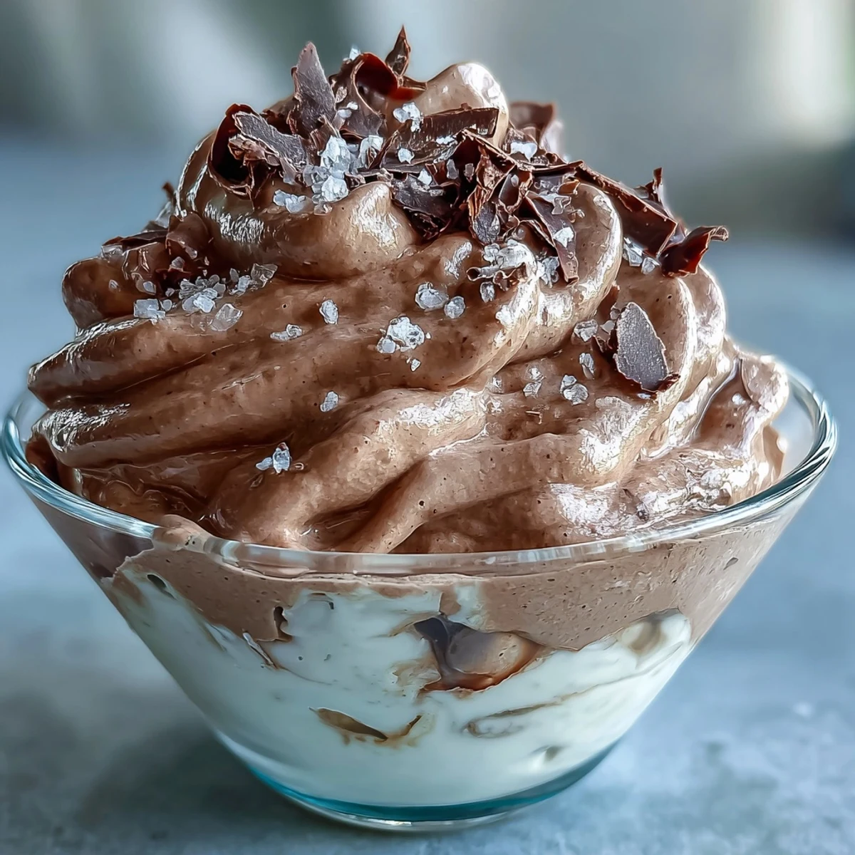 Fluffiges Joghurt-Protein-Mousse mit Kakao und Meersalz: Leichtes, luftiges Dessert mit cremigem griechischem Joghurt, reichhaltigem Kakao und einer Prise Meersalz.