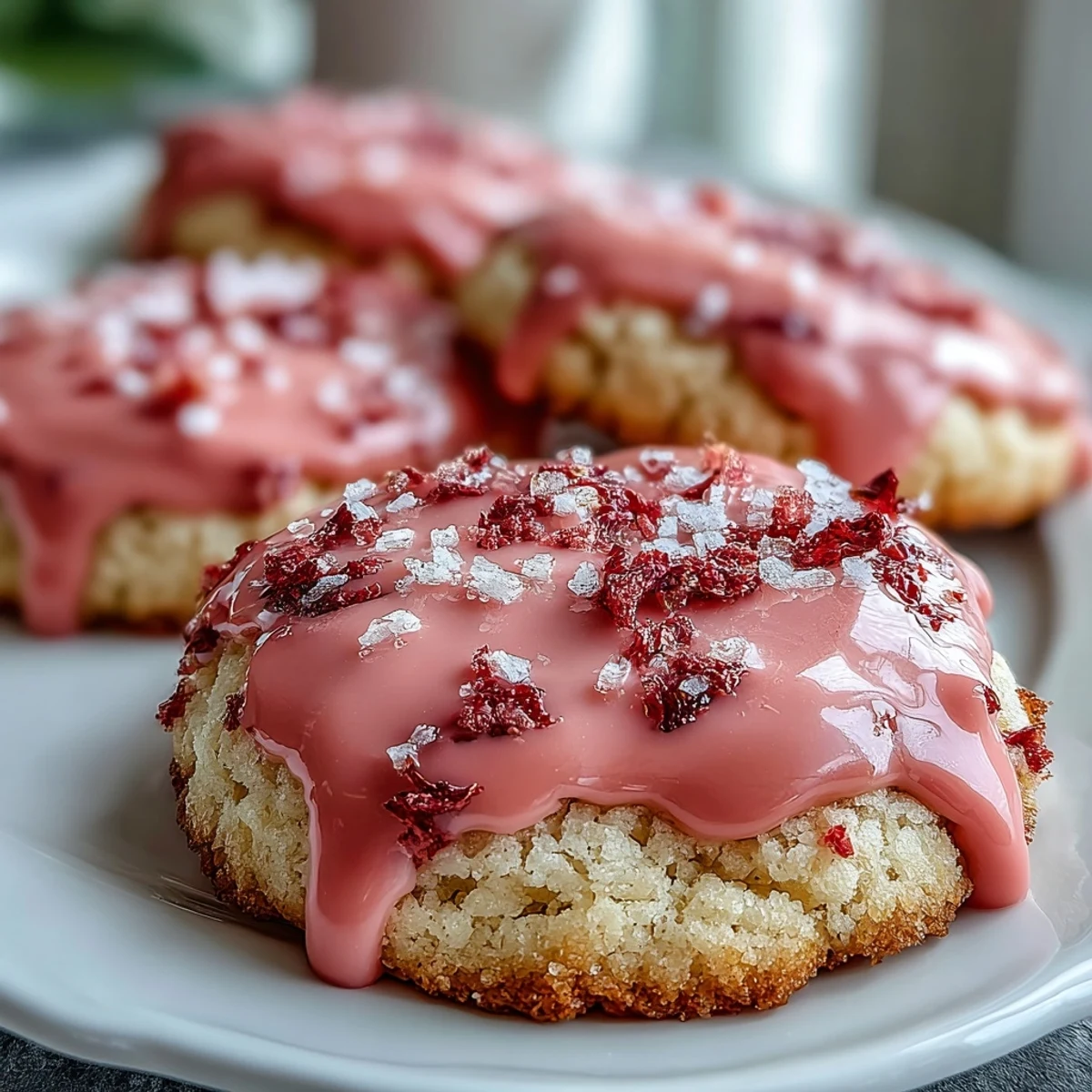 1. Weiche Erdbeer-Zuckerplätzchen mit rosa Zuckerguss - saftige Kekse mit frischen Erdbeeren und cremiger Glasur, perfekt für Frühlingsfeste.