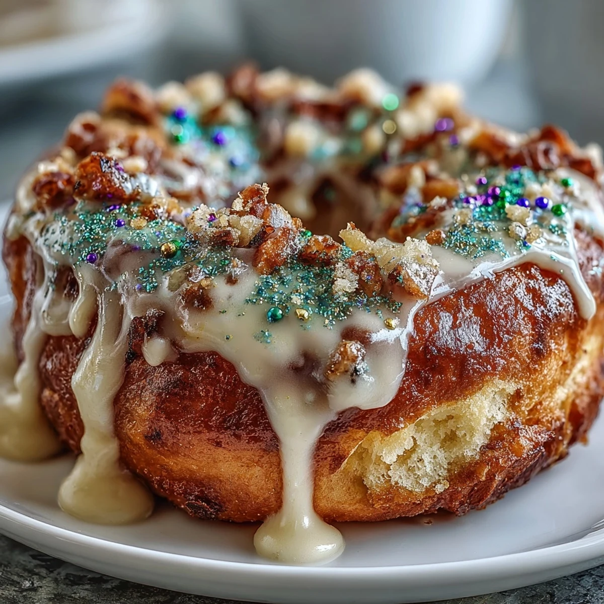 Weiche, gebackene Donuts mit Mardi Gras Streuseln, inspiriert von King Cake, mit Vanilleglasur und bunten Farben.
