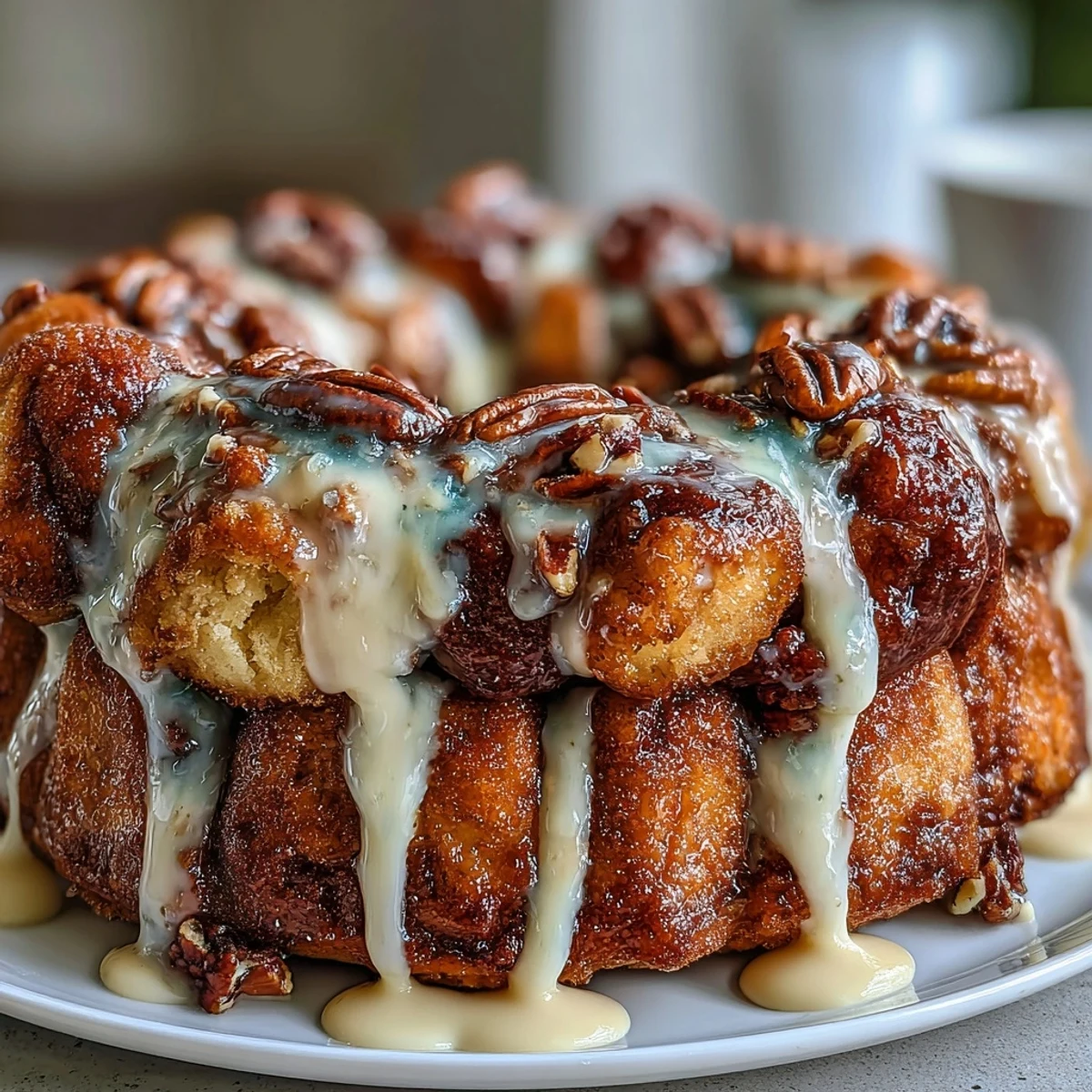 Aromatischer King Cake Pull-Apart Monkey Bread mit Zimt-Zucker-Schicht und goldener Frischkäse-Glasur.