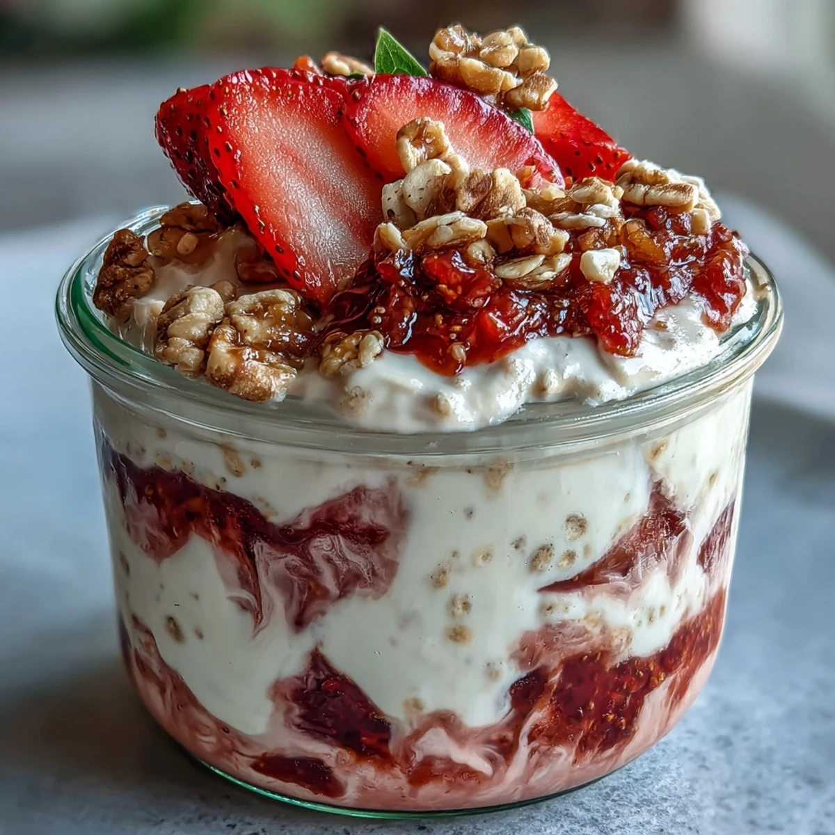 VANILLEJOGHURT UND STRAWBERRIES GESCHICHTET ÜBER CREMIGEN OVERNIGHT OATS FÜR EINEN REFRESHENDEN, MAKE-AHEAD FRÜHSTÜCKSGENUSS.