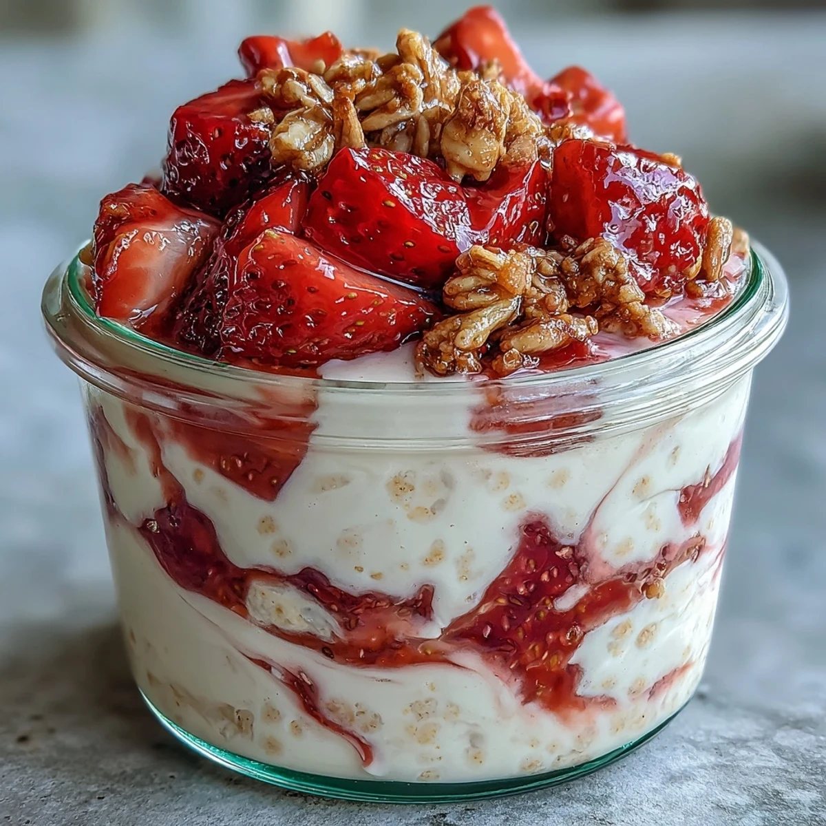 STRAWBERRY SHORTCAKE OVERNIGHT OATS MIT SÜSSEN FRISCHEN STRAWBERRIES UND EINER CREMIGEN VANILLEJOGHURT-SCHICHT.  