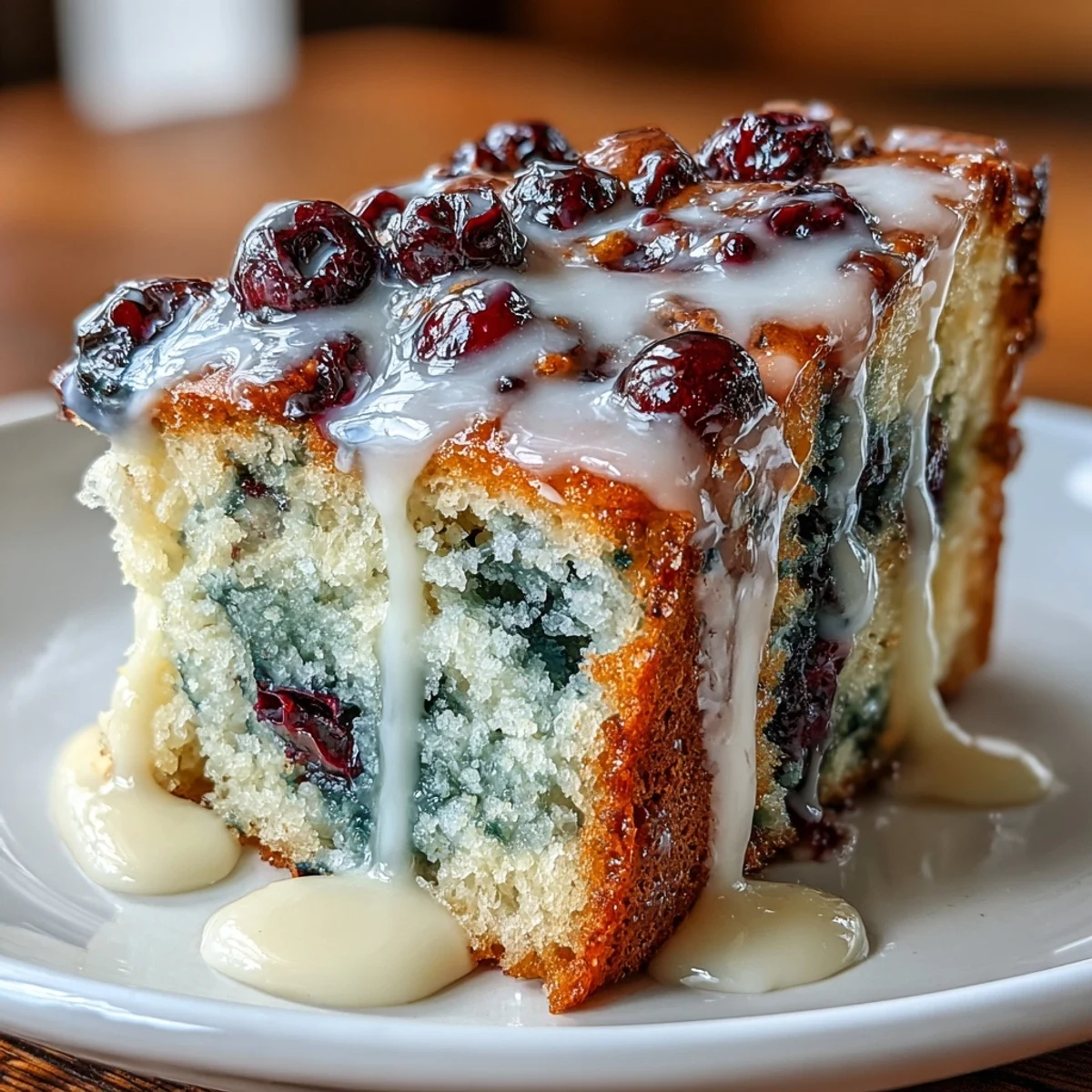 Saftiger, säuerlicher Pfannenkuchen mit frischen Blaubeeren und Zitronenabrieb, mit Sauerteigstarter gebacken und mit süßem Zitronenguss beträufelt.