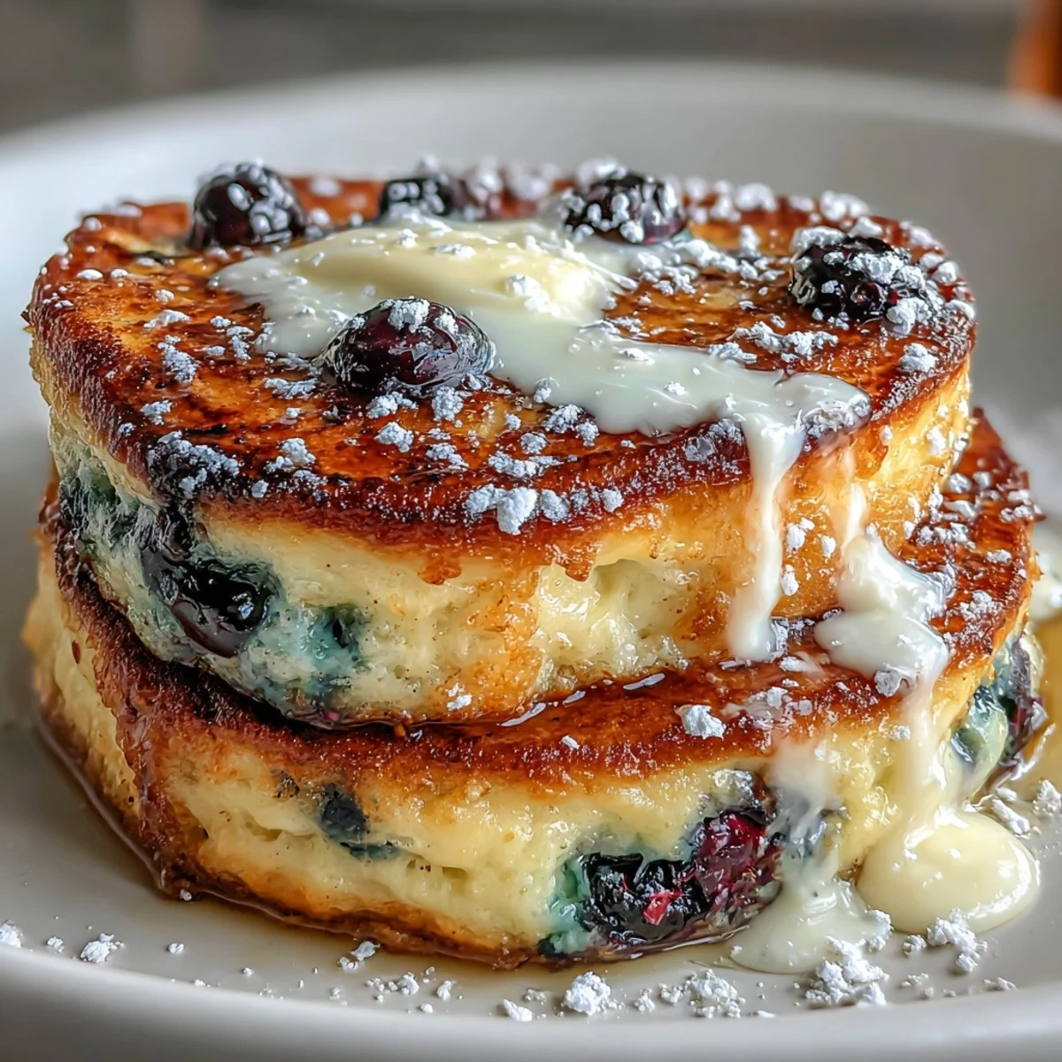 Fluffy Sourdough Discard Lemon Blueberry Pancakes mit goldgelber Kruste und frischen Beeren.