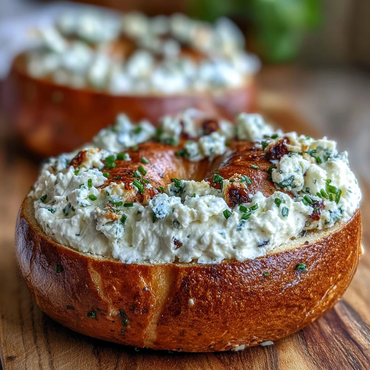 2. Goldbraune Bagels mit Knoblauch und frischen Kräutern, serviert mit einer reichhaltigen Cottage Cheese Creme für extra Protein.  