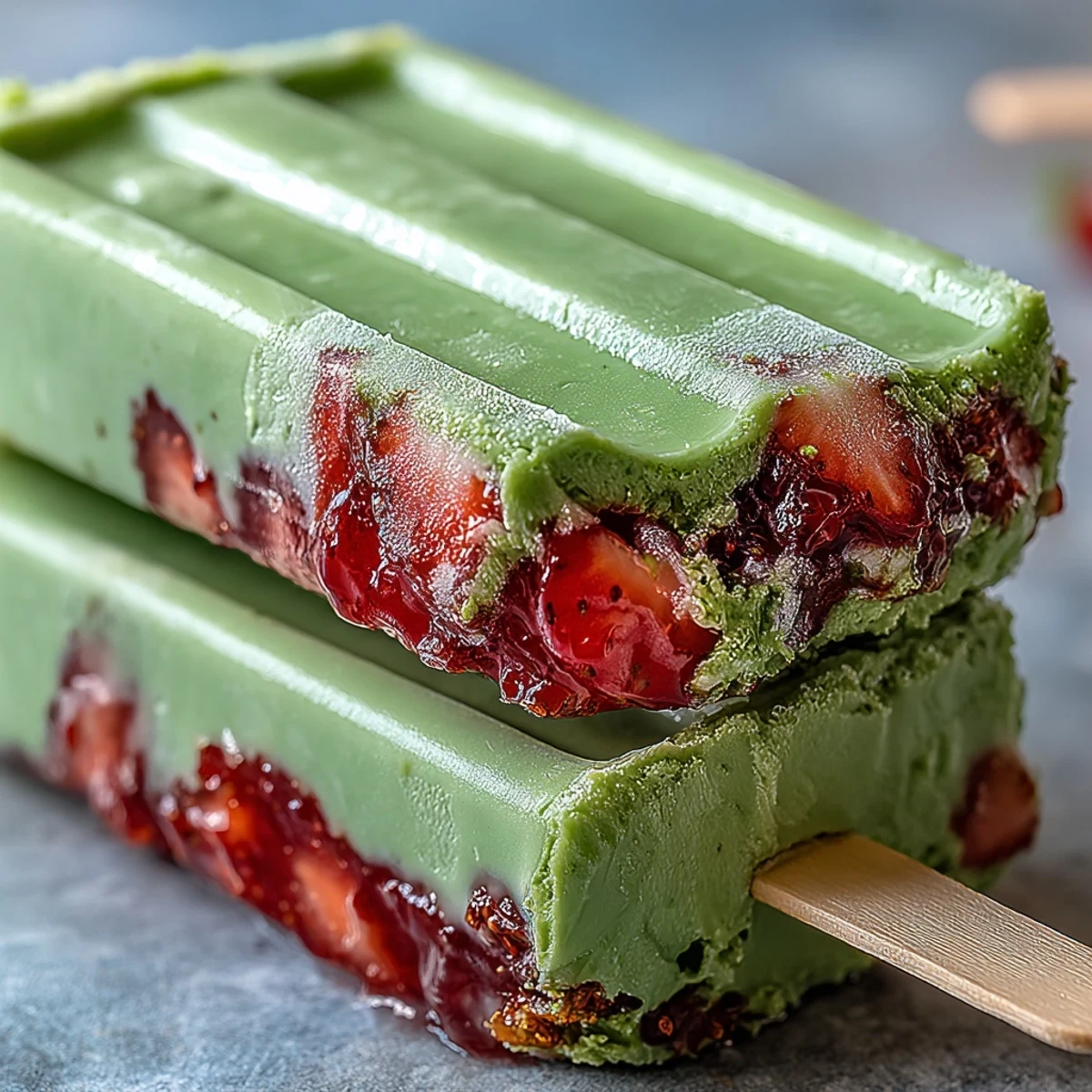 Erdbeer-Matcha-Latte-Eis am Stiel mit cremigen Schichten aus frischen Früchten und Matcha-Grüntee.