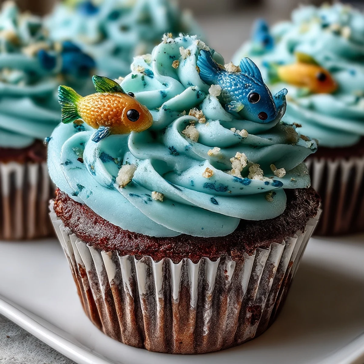1. Pisces Cupcakes mit Fisch Fondant Toppern – verspielte blaue Cupcakes mit süßen Fondant Fischen, ideal für Sternzeichen-Partys.