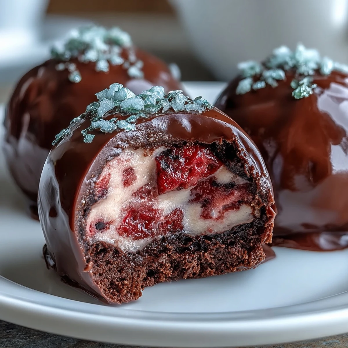 Dubai Chocolate Strawberry Truffles mit Goldflocken: Luxuriöse dunkle Schokoladentrüffel mit Erdbeerfüllung, in glänzender Schokolade getaucht und mit essbaren Goldflocken dekoriert.
