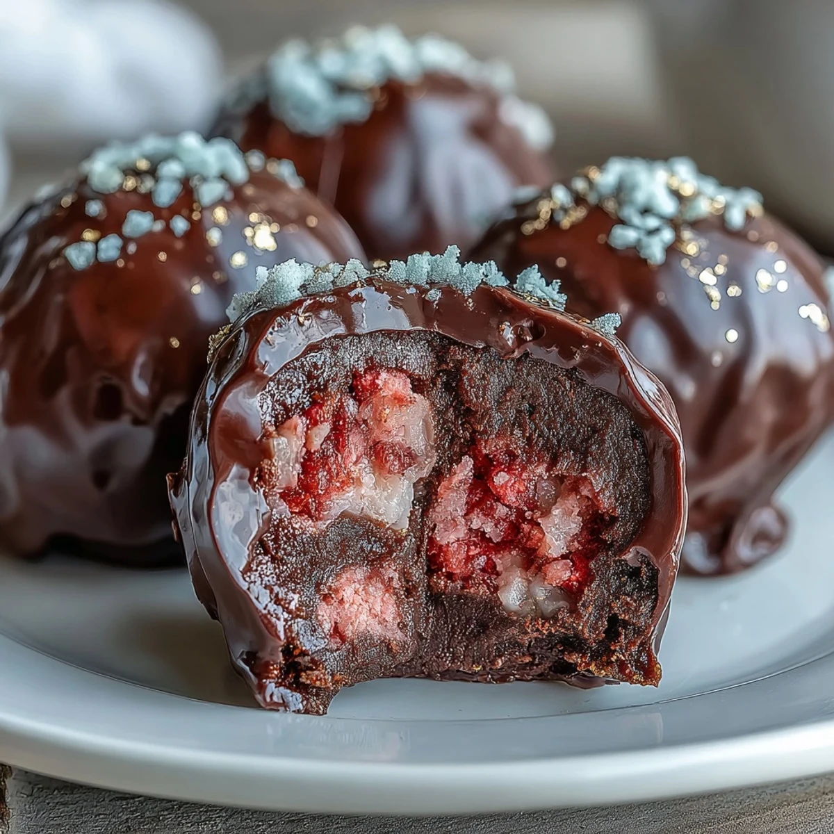 Dubai Chocolate Strawberry Truffles mit Goldflocken: Dekadente Trüffel mit intensivem Erdbeeraroma, überzogen mit reichhaltiger dunkler Schokolade und veredelt mit funkelnden Goldflocken.