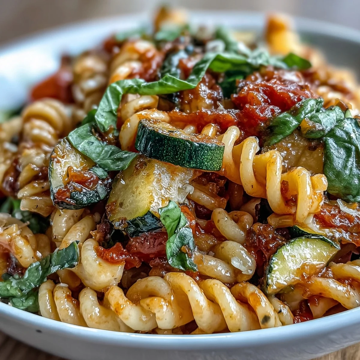 Ein Topf mit cremiger, käsigem Pasta, gefüllt mit frischem Gemüse und Parmesan.