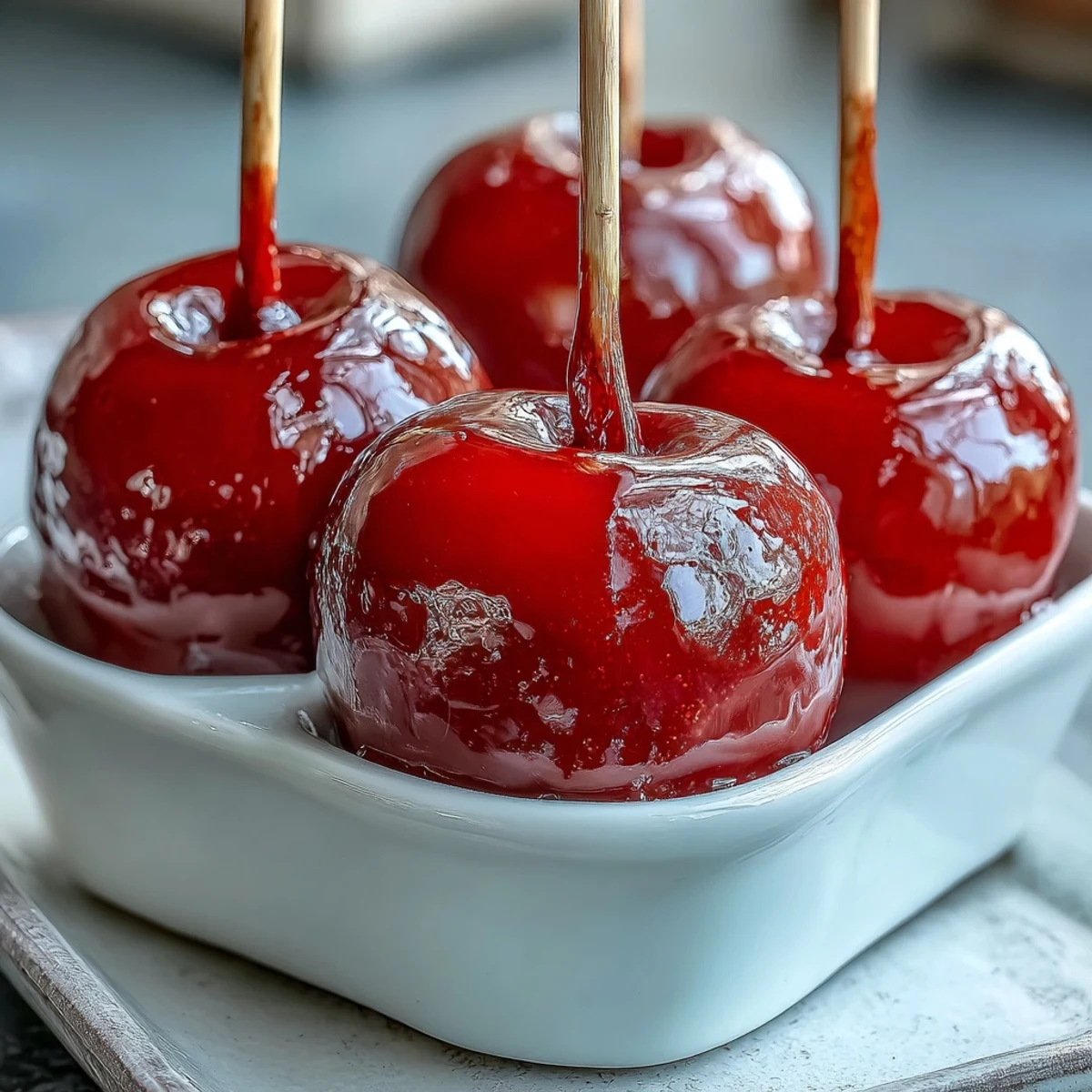 Süße Mini-Äpfel auf Stielen mit glänzender, knuspriger Zuckerhülle, ideal für Kinderpartys und kleine Leckereien.