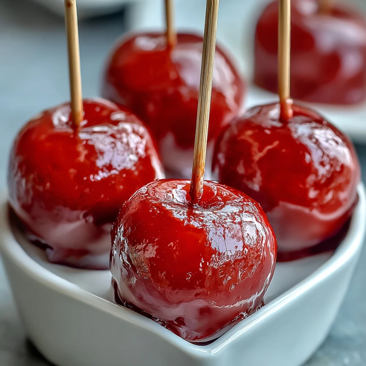 Bunte Mini-Äpfel mit leuchtend roter, harter Bonbonschale, perfekt für festliche Snacks und einfache Desserts.