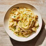 A close-up of Lemon-Garlic Tuna Spaghetti: the flavorful pasta with flaked tuna and lemon zest.