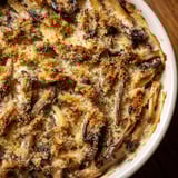 Close-up of golden brown Ranch-Seasoned Crispy Mushrooms, perfectly seasoned and baked for a snack.