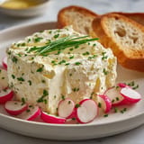 Ein Plate mit Obatzda, Radishes und Brot.