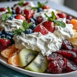 2. Gesunder veganer Obstteller mit Kokos-Creme: Anrichten von Erdbeeren, Kiwi und Beeren neben cremiger, veganer Kokos-Sahne.  