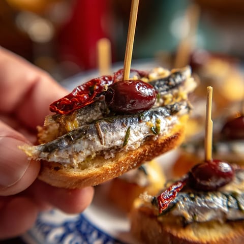 Boquerones Happen auf Brot mit Paprika und Olive.