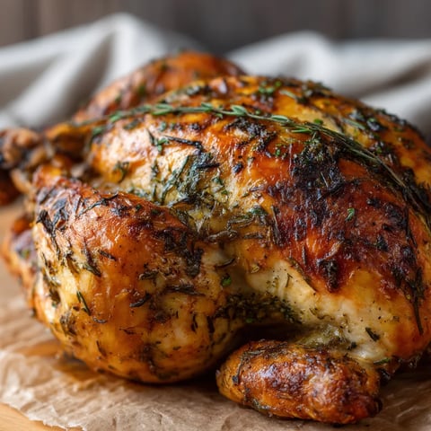Ein ganzes, gegrilltes, gegrüntes, mit Tarragon gewürztes Hähnchen auf einem Teller.