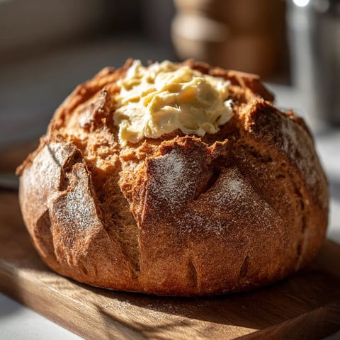 Ein Rustic Bavarian Bread mit Radish Butter auf einem Holzblock.
